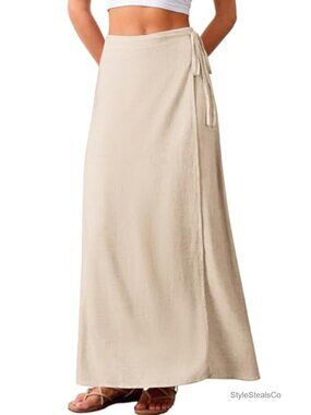 Linen Wrap Maxi Skirt High Waisted Flowy A-Line Long Skirt with Elastic